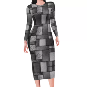 Alara Denim Patchwork Print Long Sleeve Bodycon Midi Dress (Dark Gray)