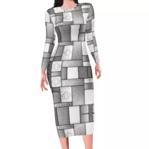 Alara Denim Patchwork Print Long Sleeve Bodycon Midi Dress PS (Light Gray)